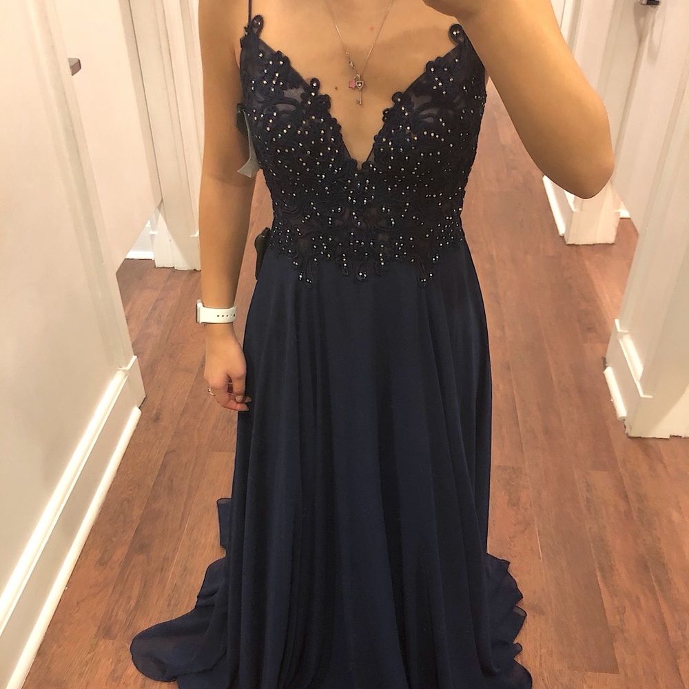 Dave and Johnny Beaded Navy Blue Prom Dress